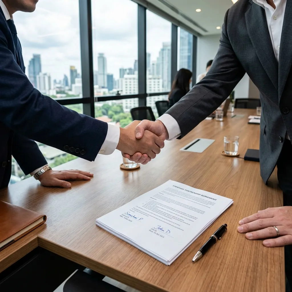 Two businessmen shaking hands over a signed strategic partnership agreement in a Bangkok boardroom