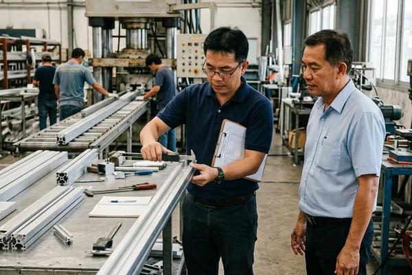 Thai inspector measuring aluminum profiles with a caliper while the factory manager looks on