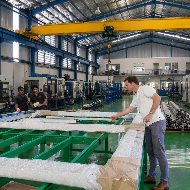 Operating aluminium window and door factory in Thailand with CNC machines, an overhead crane and staff inspecting wrapped profiles