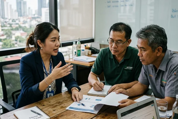 Thai business representative presenting and discussing documents in a meeting with local managers