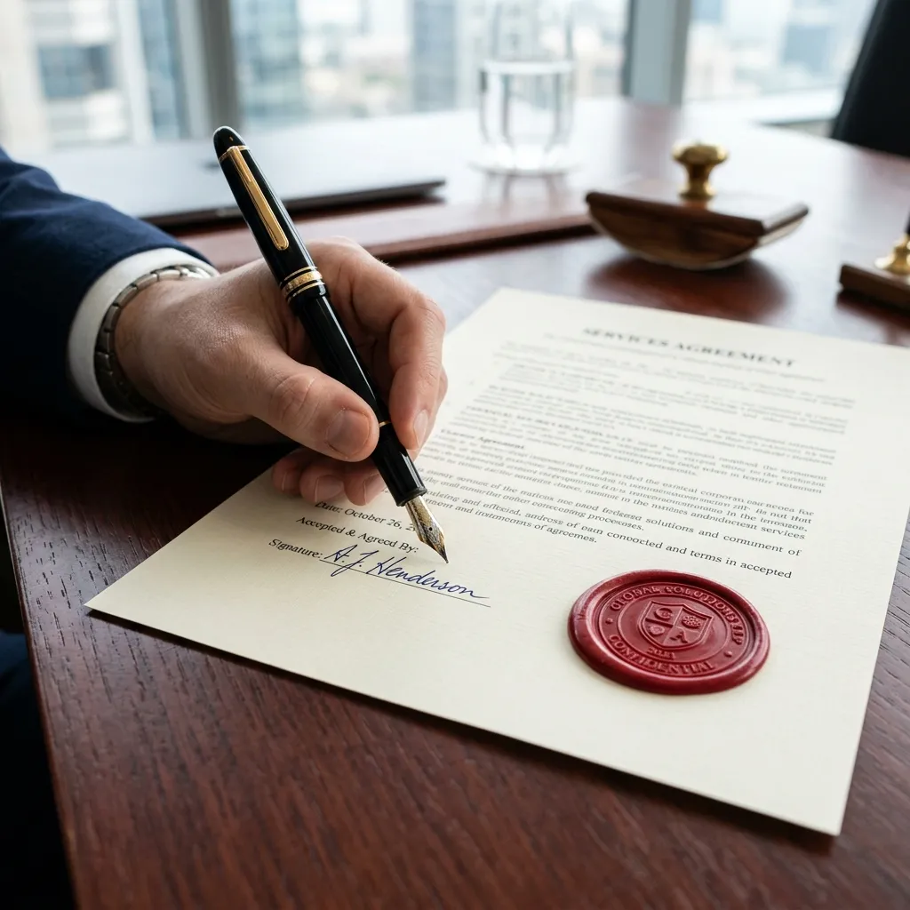 Hand signing a services agreement with a fountain pen beside a red wax seal on a dark wooden desk
