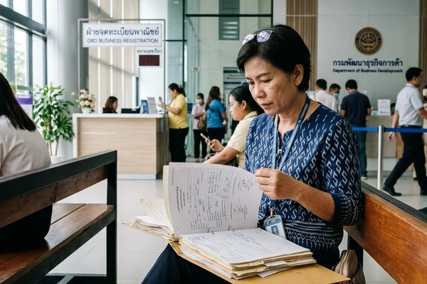 Middle-aged Thai business consultant reviewing registration documents at a government office in Bangkok