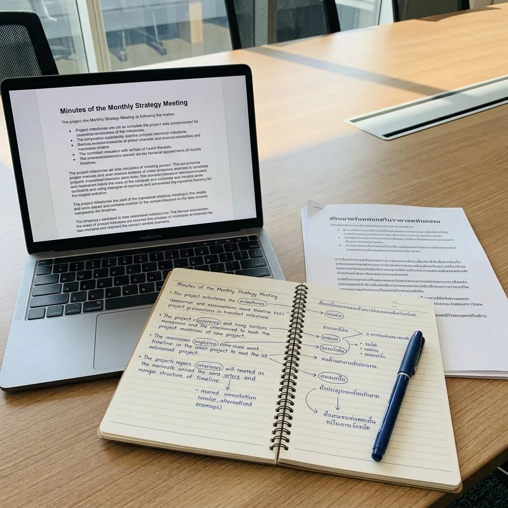 Laptop showing English meeting minutes beside a notebook and Thai-language documents on a boardroom table
