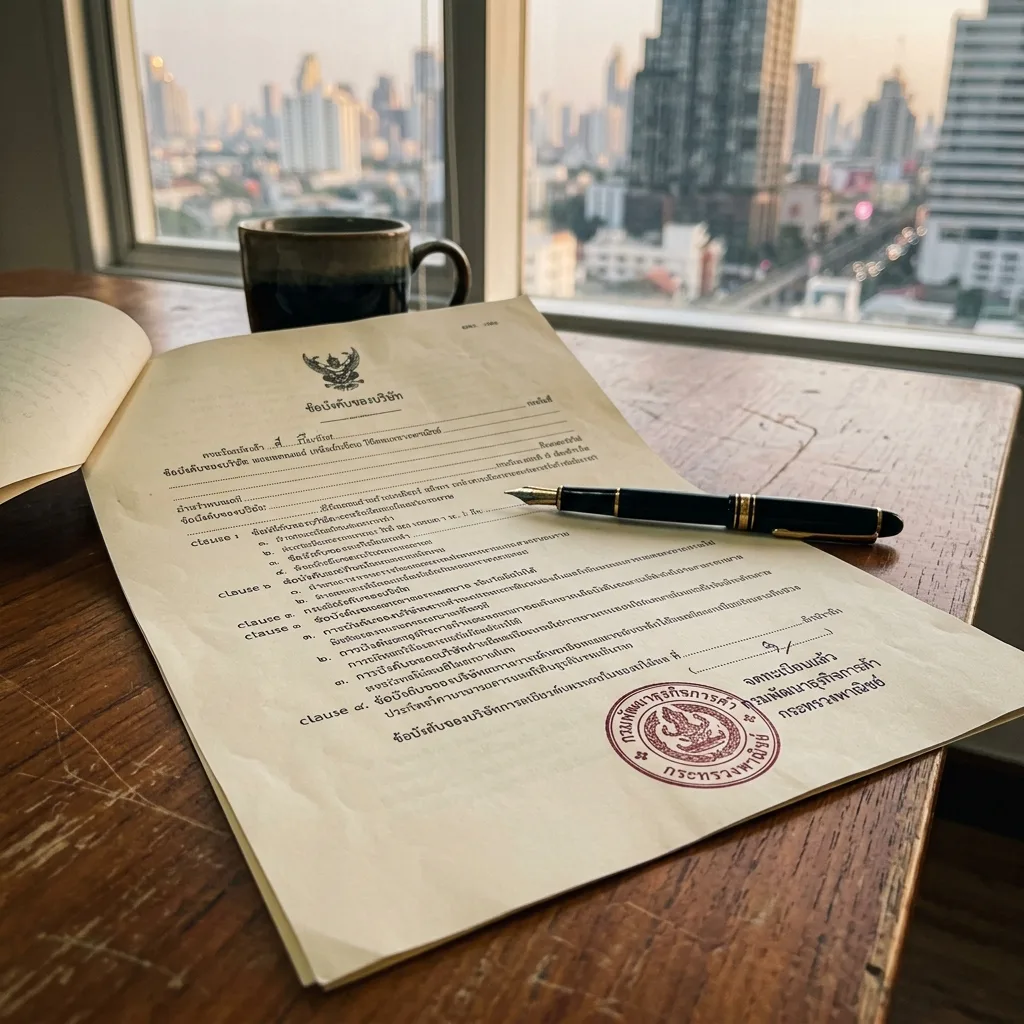 Thai articles of association stamped with the Department of Business Development registrar's seal, a fountain pen resting on the page, Bangkok skyline beyond the window