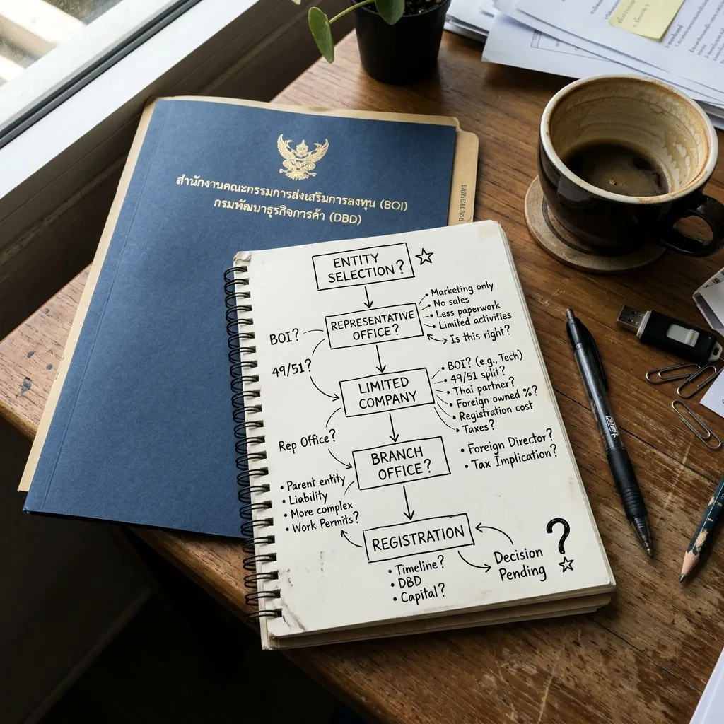 Handwritten flowchart weighing Thai entity options - representative office, limited company and branch office - beside a BOI and DBD folder
