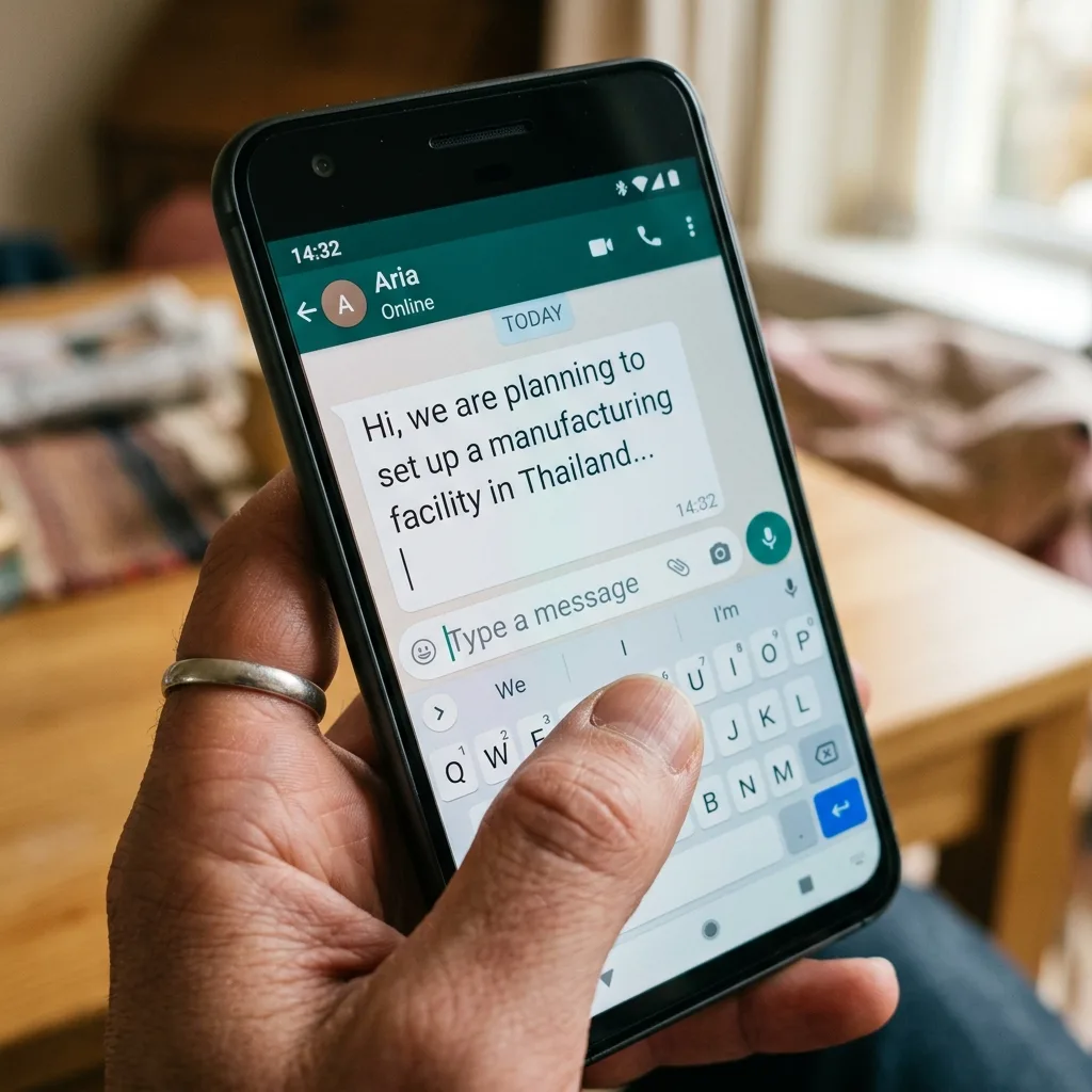 Person typing a WhatsApp message about setting up a manufacturing facility in Thailand