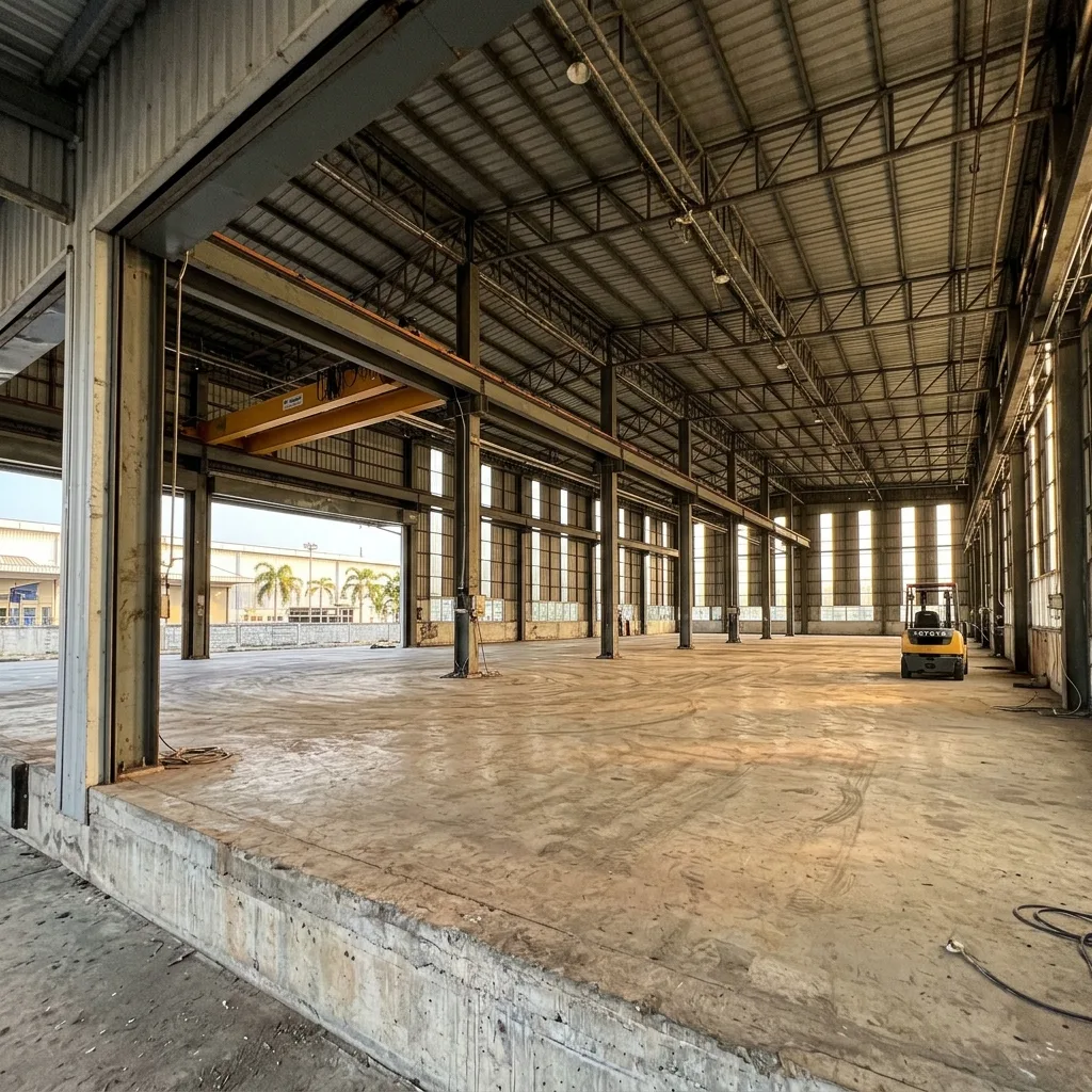 Empty industrial factory shell in Thailand with an overhead crane rail, high clerestory windows and a forklift on the bare concrete floor