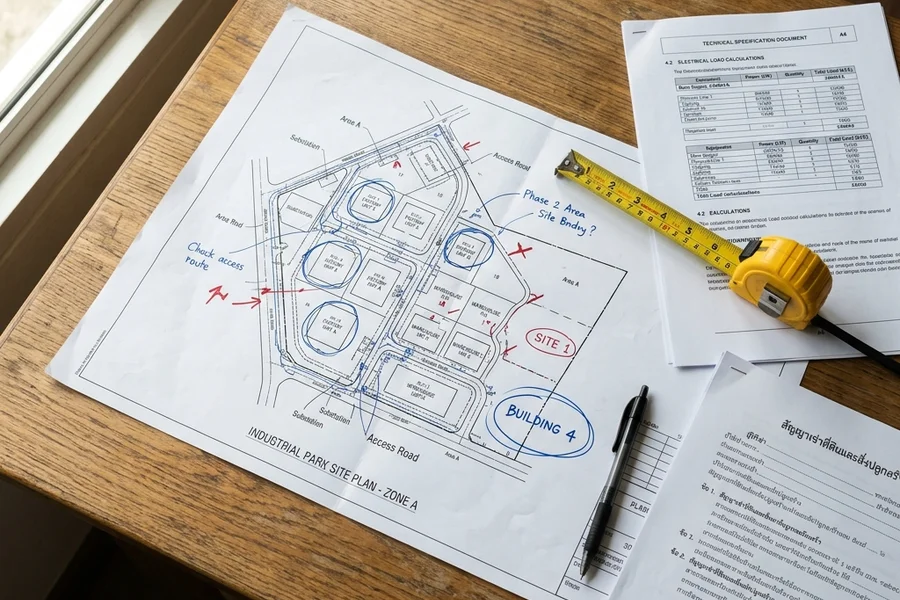 Industrial estate site plans, measurements, and specifications laid flat on a wooden desk