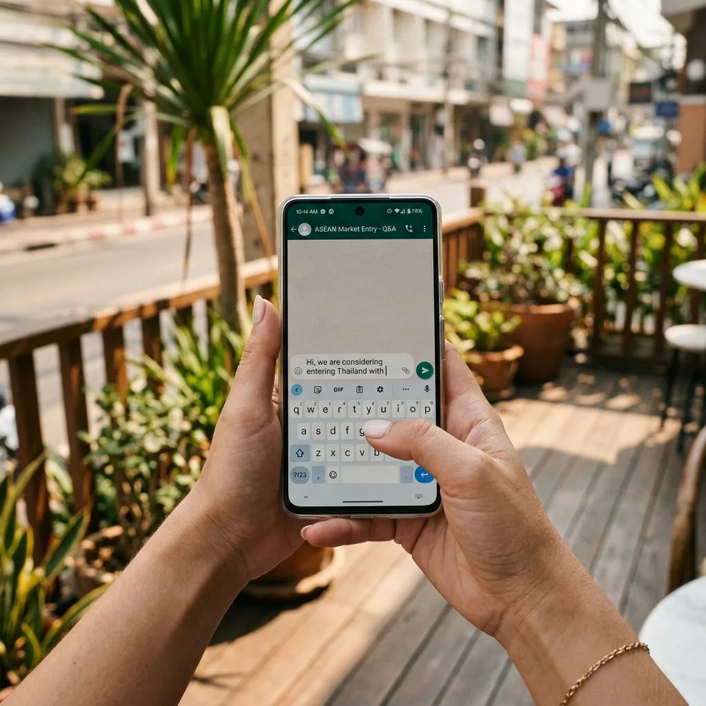 Person typing a WhatsApp message about entering the Thai market, on a terrace overlooking a Thai street