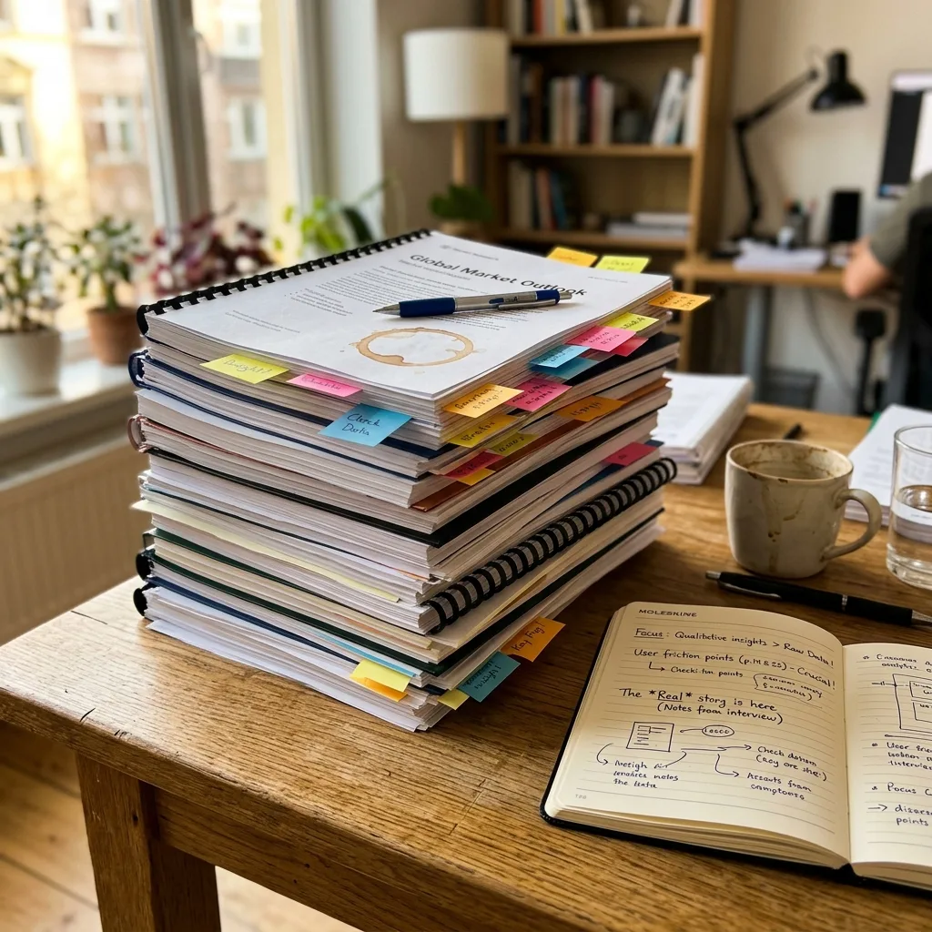Stack of tabbed market research reports topped by a Global Market Outlook, beside an open notebook of interview notes