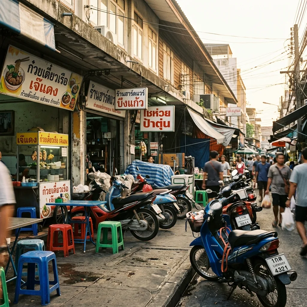 Busy Thai street of shophouses, noodle stalls and parked motorbikes in late afternoon light