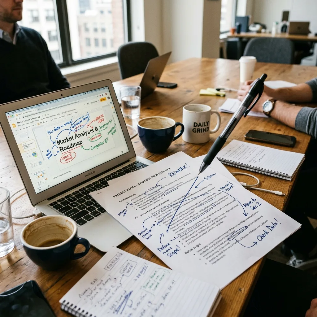 Working session around a table with a market analysis roadmap on a laptop and a marked-up strategy proposal