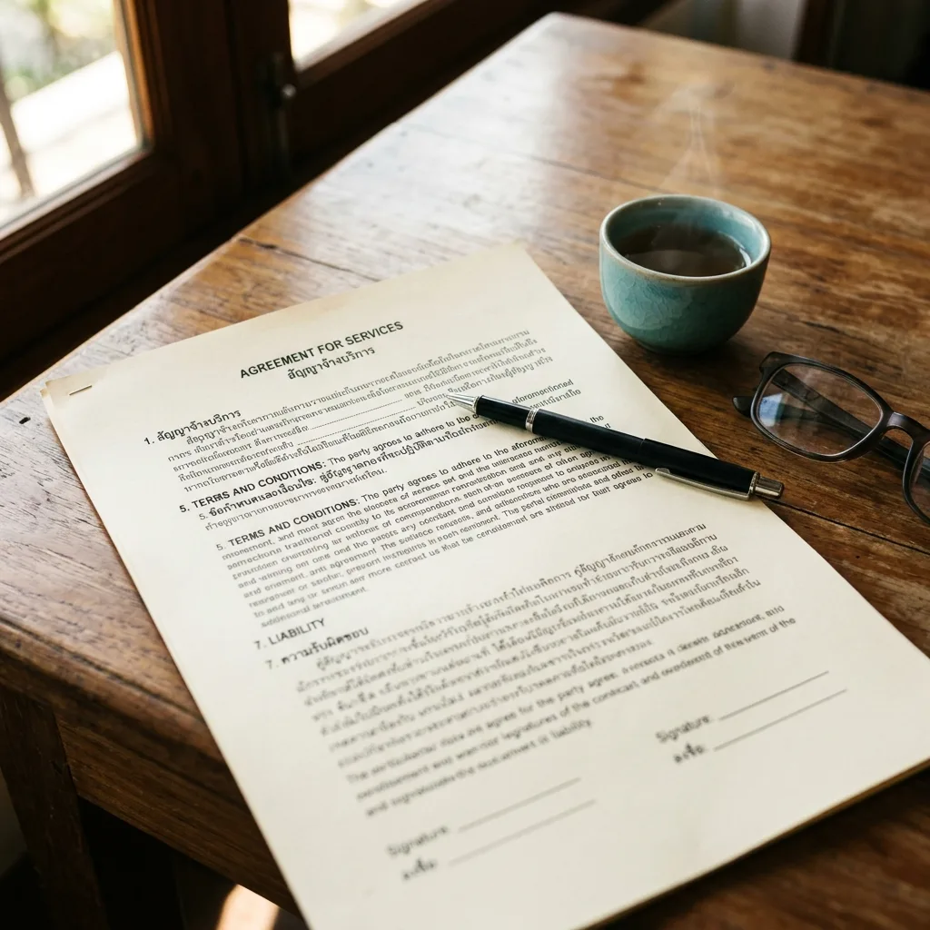 Bilingual Thai and English services agreement on a wooden table with a pen and reading glasses