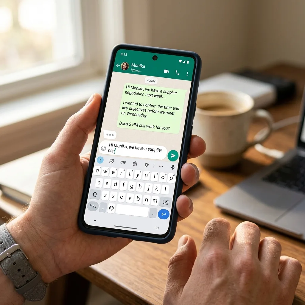 Person messaging Monika on WhatsApp about an upcoming supplier negotiation