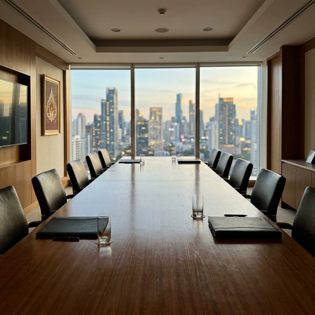 Empty Bangkok boardroom with a long polished table, leather chairs and the city skyline at dusk