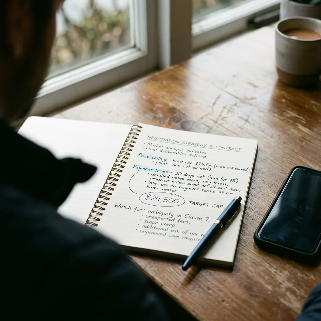Notebook of negotiation strategy notes with the price ceiling and target cap circled before a supplier meeting