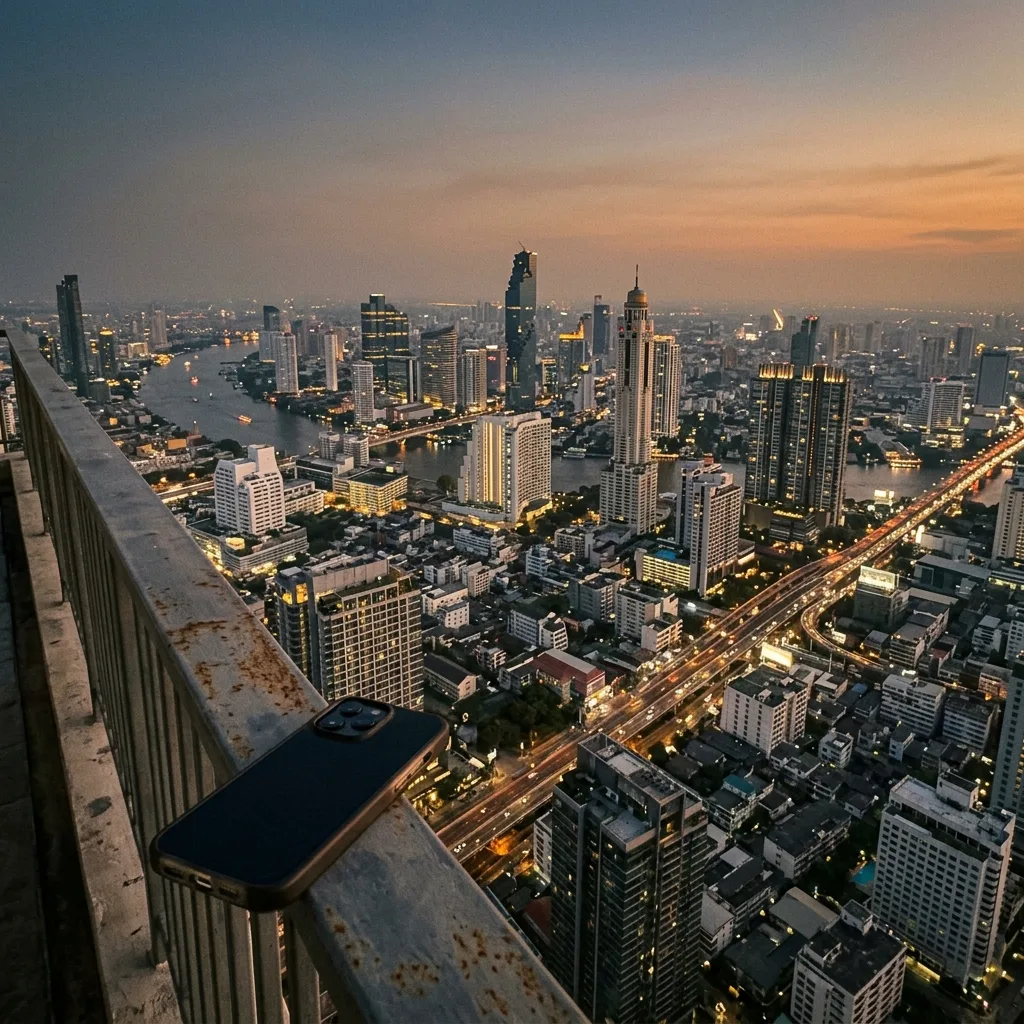 Phone resting on a rooftop rail high above the Bangkok skyline and the Chao Phraya river at dusk