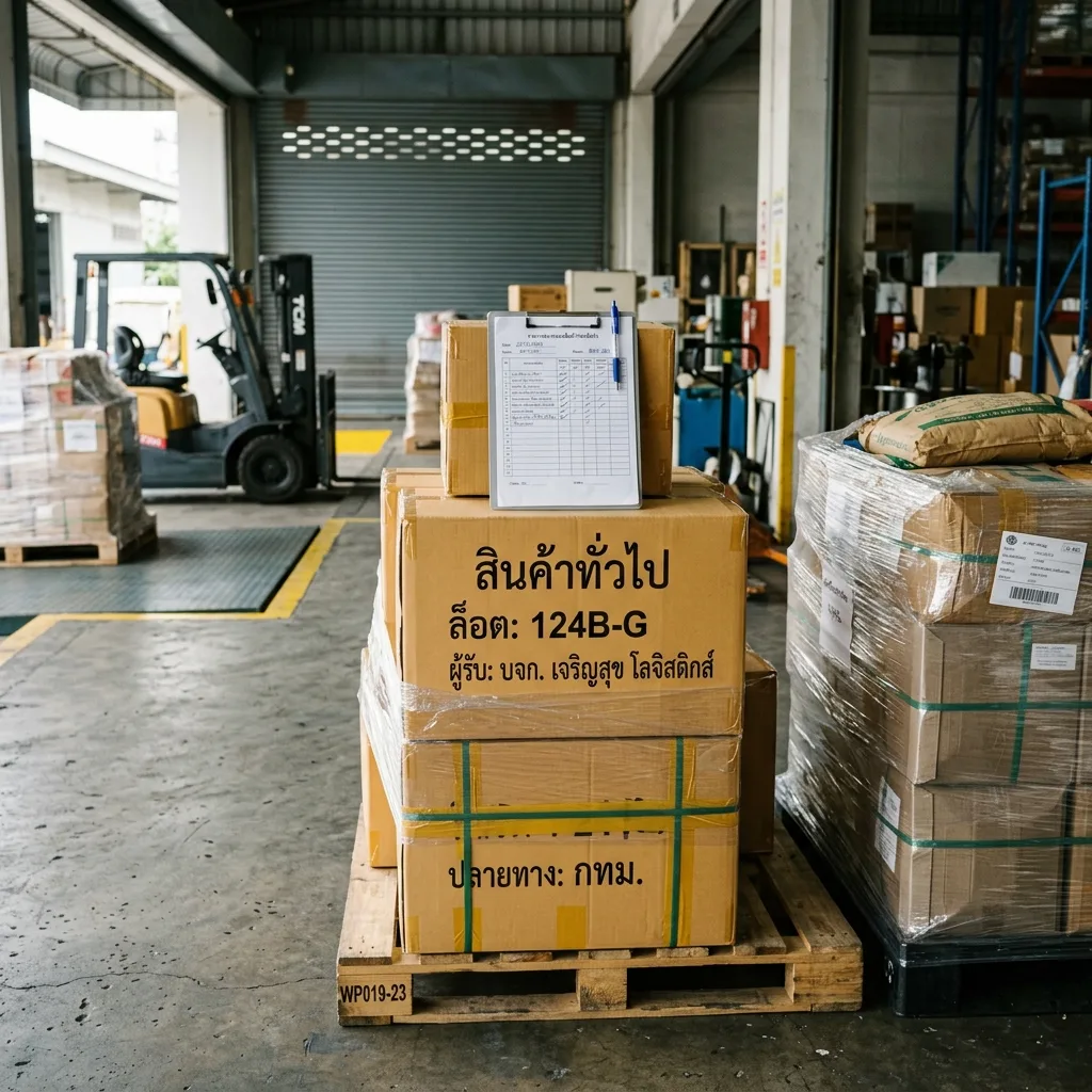 Thai-labelled cartons stacked on a pallet with an inspection checklist on top and a forklift in the warehouse behind