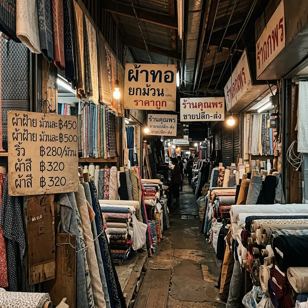 Narrow aisle of a Thai wholesale fabric market lined with rolls of textiles and hand-lettered baht price signs