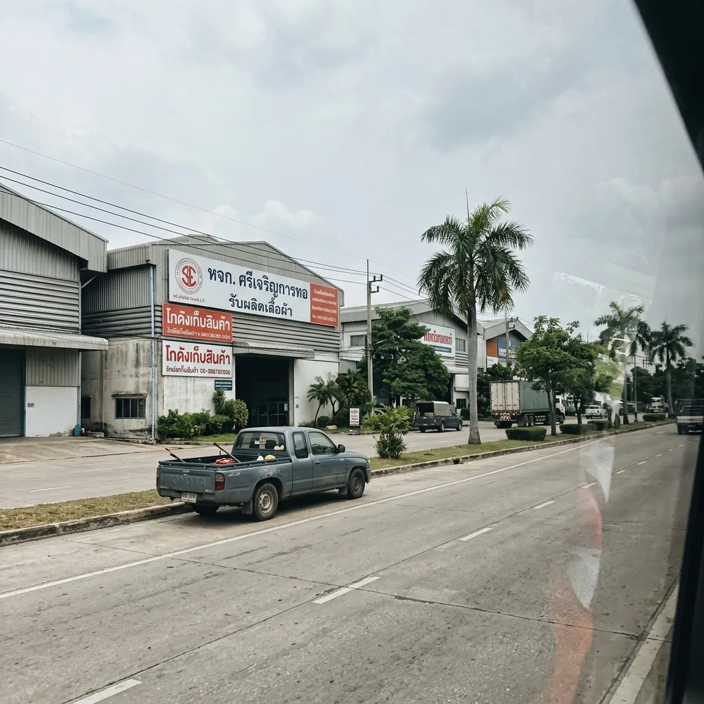 Row of Thai factories and warehouses with Thai-language signage seen from a car window on an industrial estate road