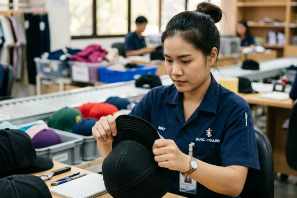 Thai quality control inspector checking baseball cap quality on-site